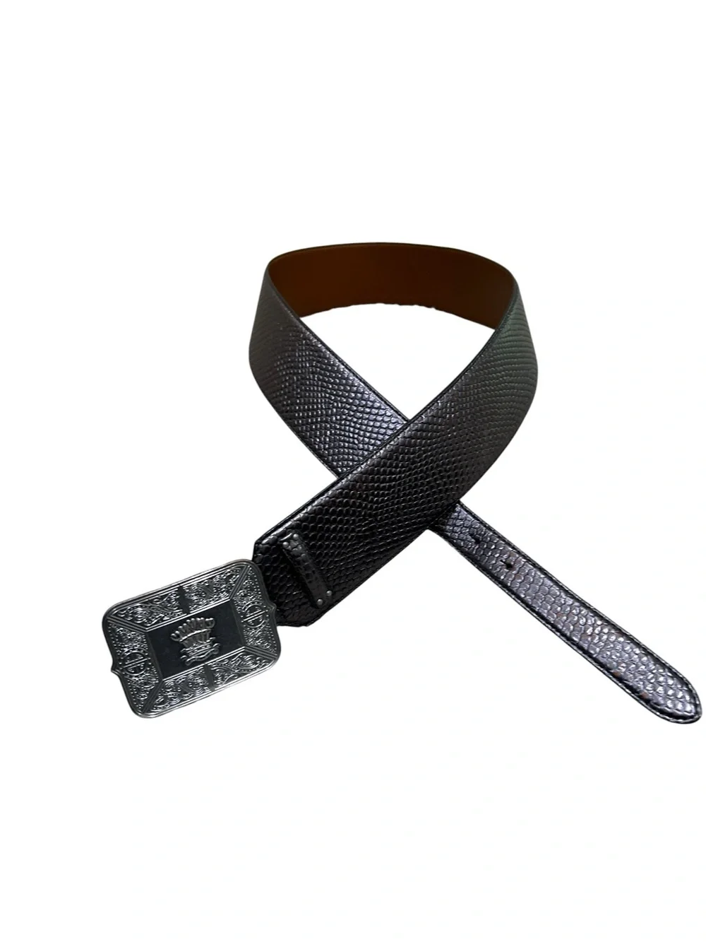 Lauren Ralph Lauren Leather Belt gunmetal textured Embossed silver Buckle medium